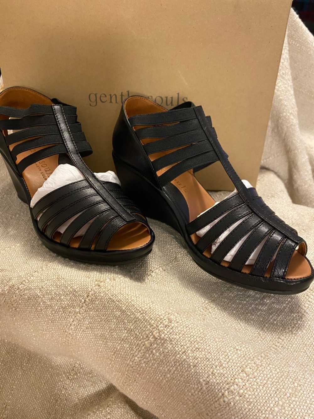 gentle souls Black Strappy Wedge Sandals 
Size 6M